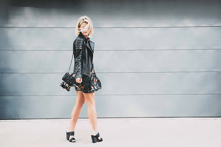 black leather jacket with dress for date night look