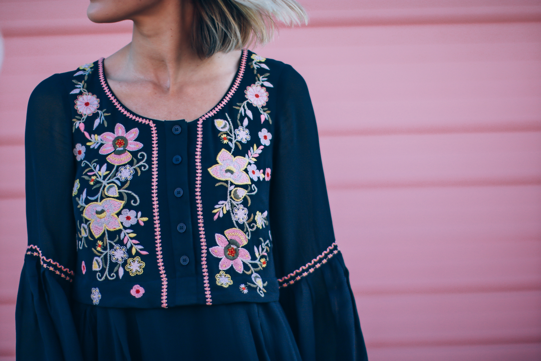 embroidered navy dress