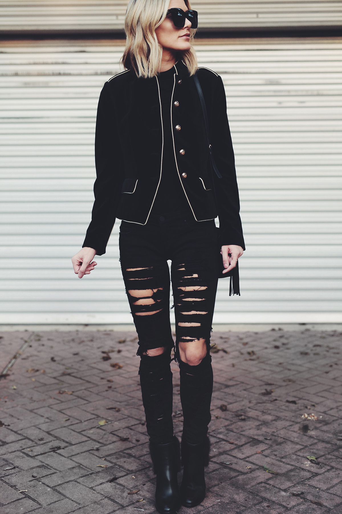 velvet blazer with ripped jeans outfit