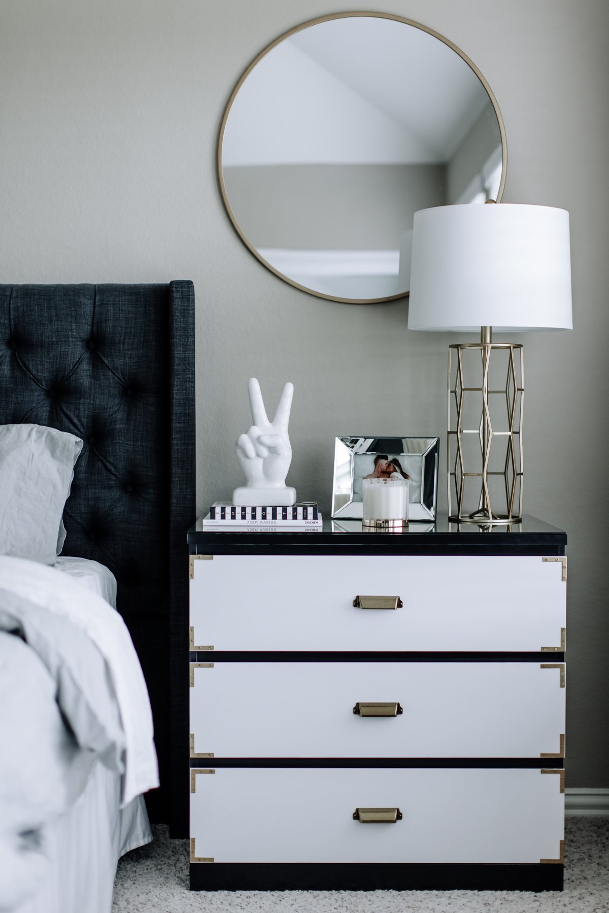 black and white with brass campaign style night stand dressers