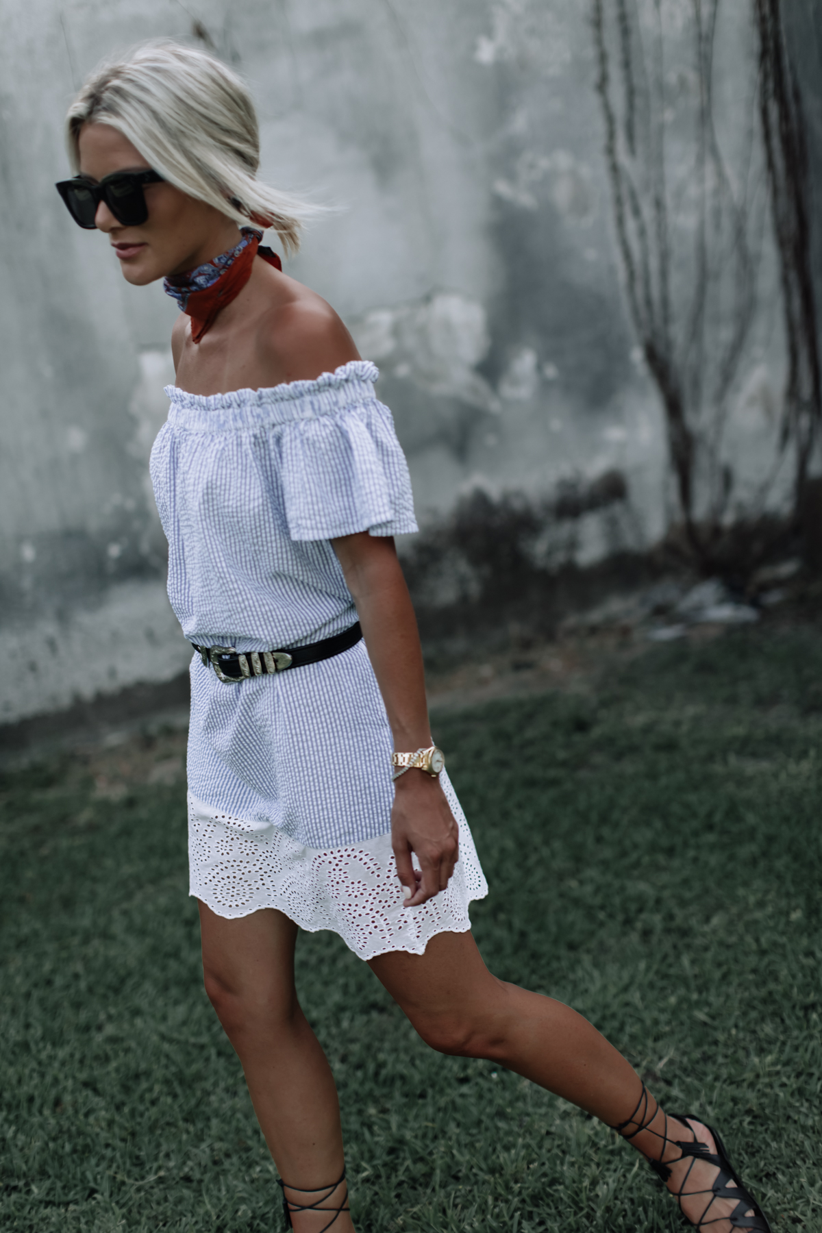 blue/white dress and black accessories on blogger So Sage