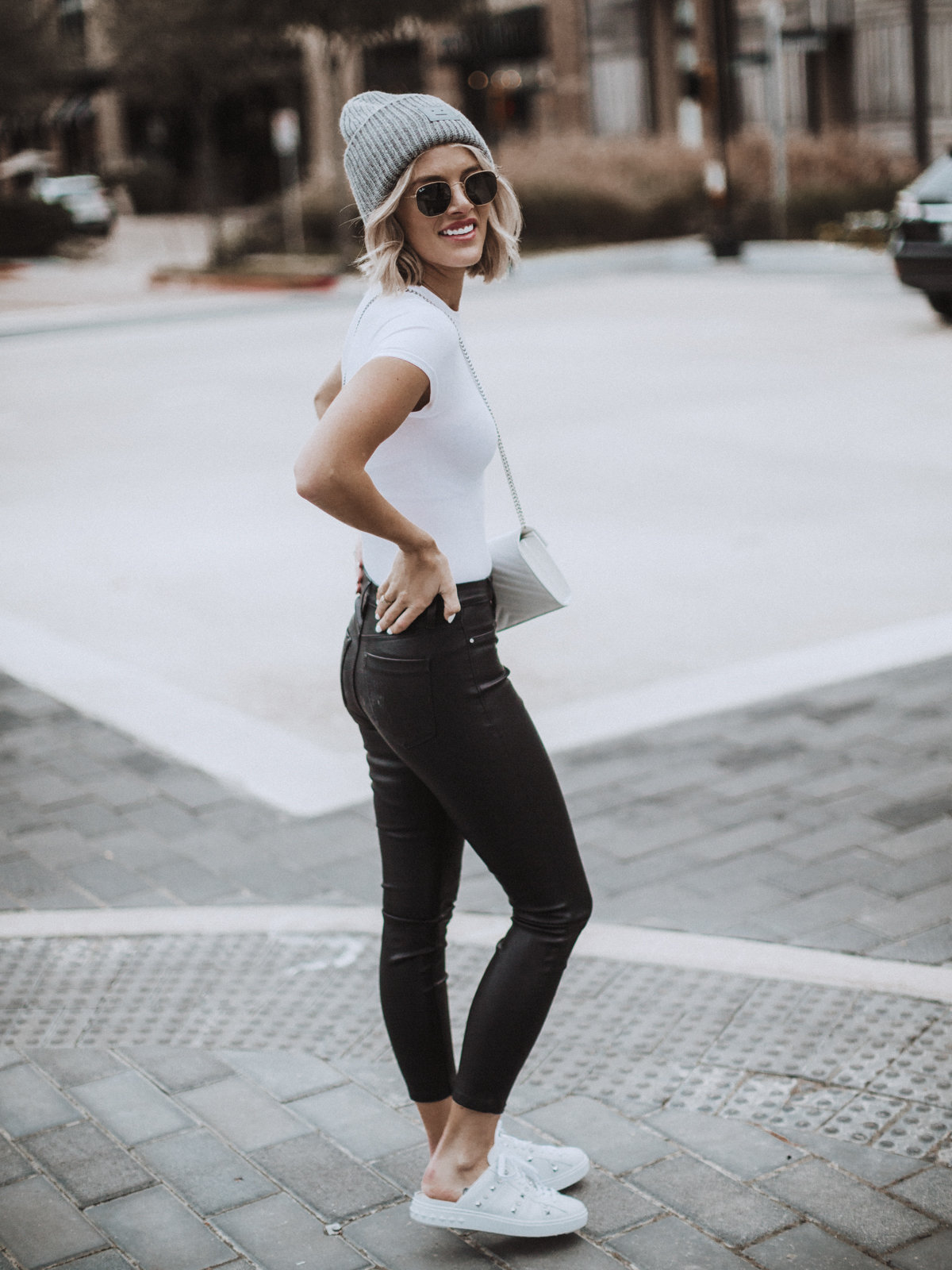 faux leather pants on blogger So Sage
