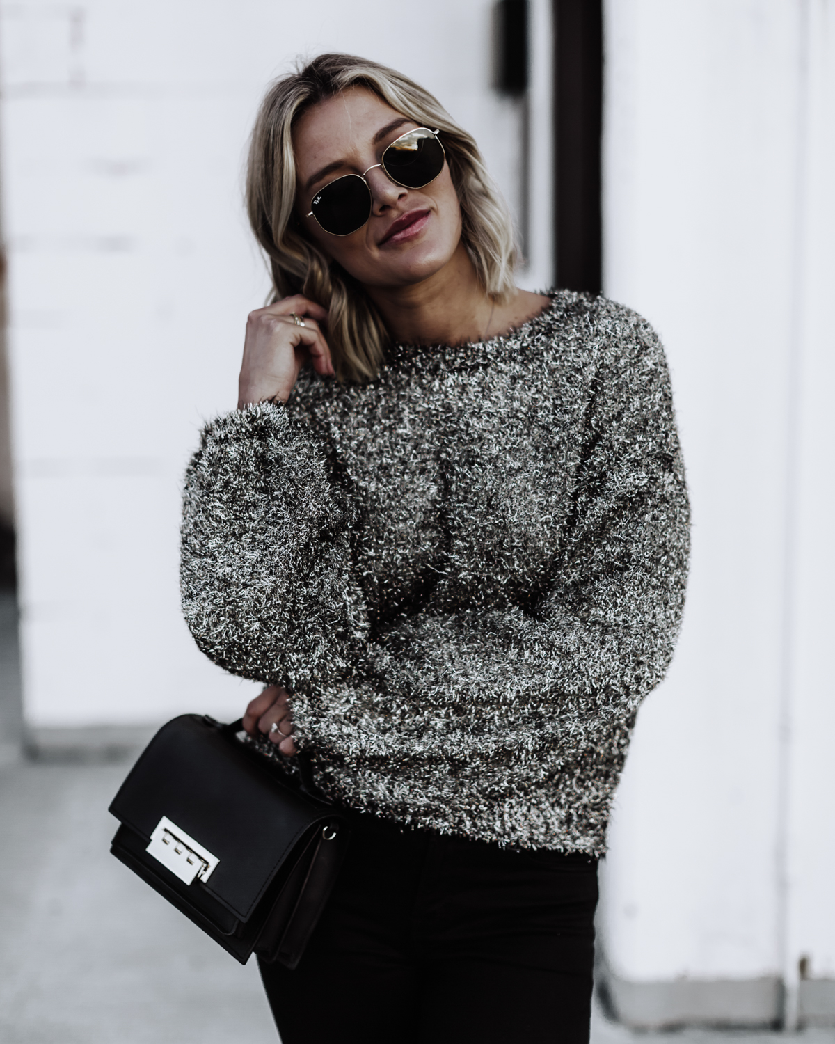 black fluffy sparkle sweater on Sage Coralli of So Sage Blog