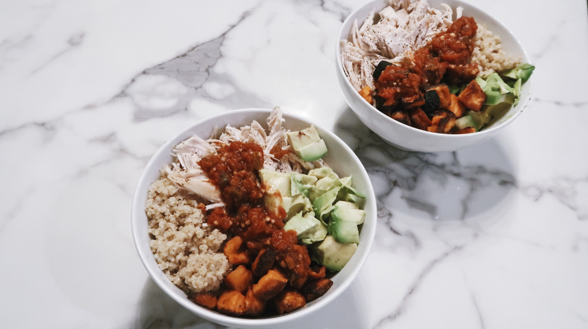 quinoa protein bowl recipe with chicken, avocado, sweet potatoes, and salsa
