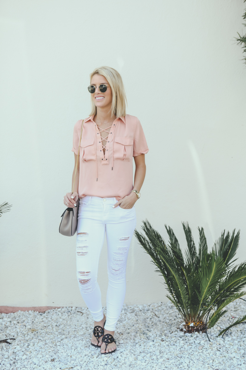 cute lace-up silk top with jeans
