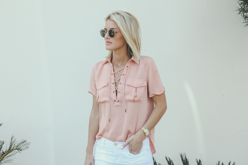 cute pink lace up top