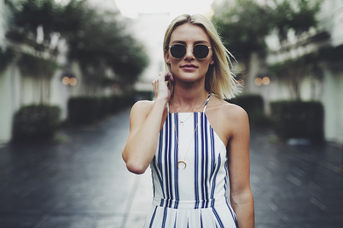 blue and white striped Lovers + Friends dress