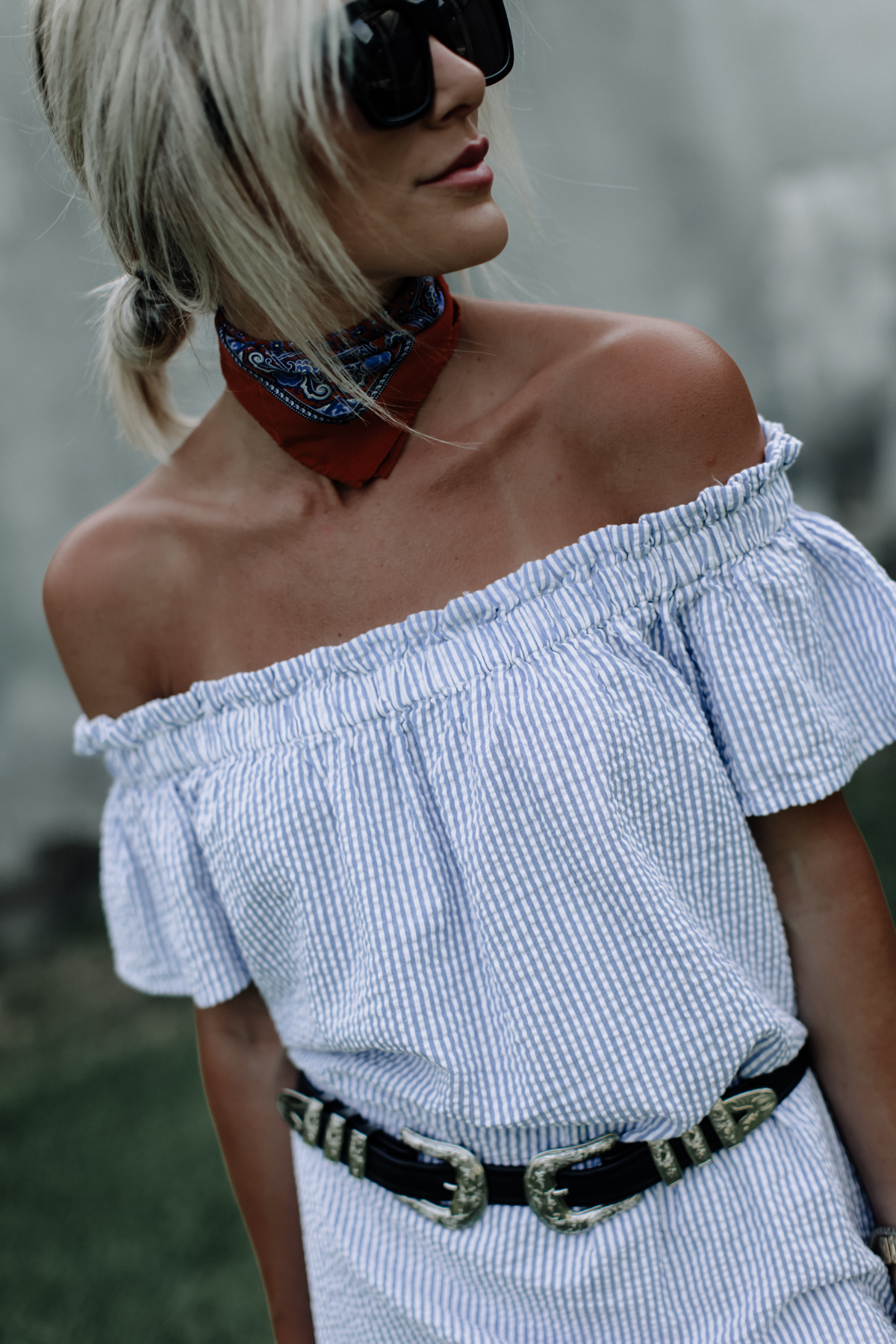 western double buckle belt with blue/white striped dress