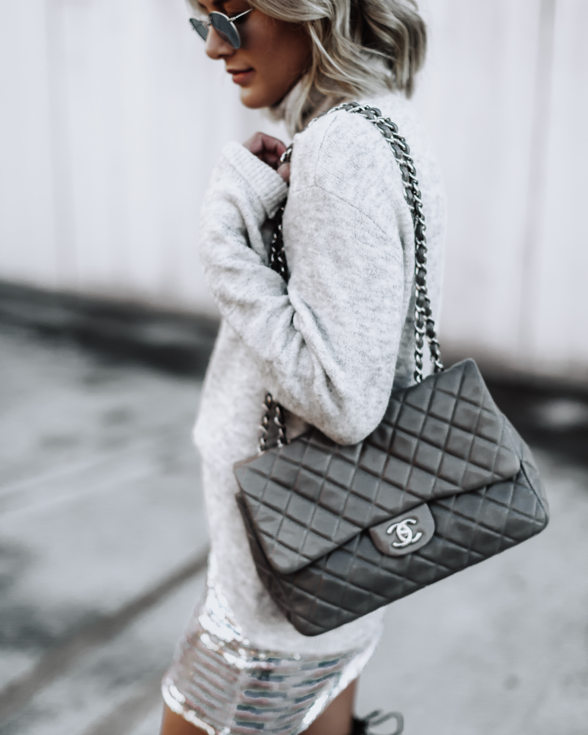 grey chanel flap bag from Tradesy worn by Sage Coralli of So Sage Blog
