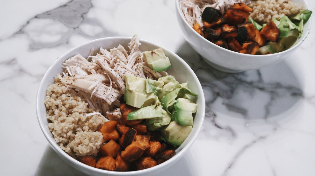 Chicken quinoa bowl recipe with avocado, sweet potatoes, and salsa