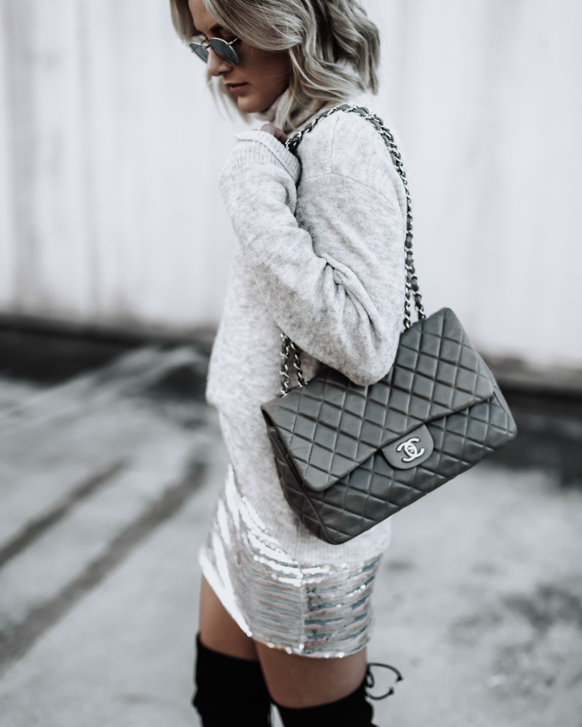 grey chanel flap bag from Tradesy worn by Sage Coralli of So Sage Blog