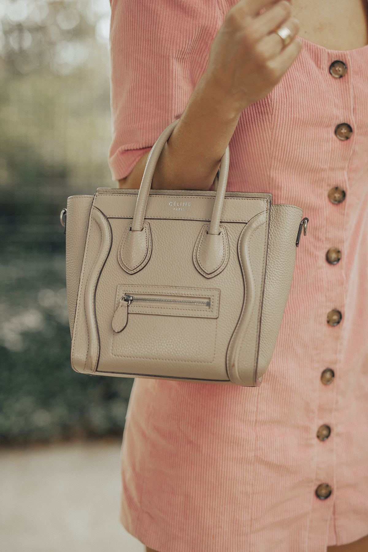 Beige celine nano handbag styled by So Sage Blog